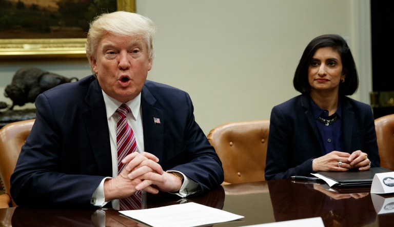 Administrator of the Centers for Medicare and Medicaid Services Seema Verma listens at right as President Donald Trump speaks during a meeting on women in healthcare, Wednesday, March 22, 2017, in the Roosevelt Room of the White House in Washington.