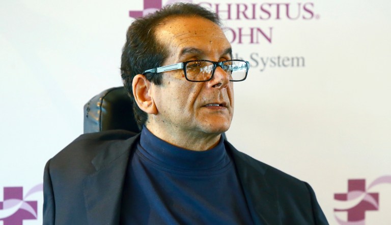 In this March 31, 2015 file photo,  Charles Krauthammer talks about getting into politics during a news conference in Corpus Christi, Texas. The Fox News contributor and syndicated columnist says he has âonly a few weeks to liveâ because of an aggressive form of cancer. Krauthammer disclosed his doctorsâ prognosis in a letter released Friday, June 8, 2018  to colleagues, friends and viewers. Krauthammer wrote that he underwent surgery in August to remove a cancerous tumor in his abdomen. 