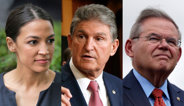 New York Congressional candidate Alexandria Ocasio-Cortez (left) and Sens. Joe Manchin (center) and Bob Menendez (right) are pictured.