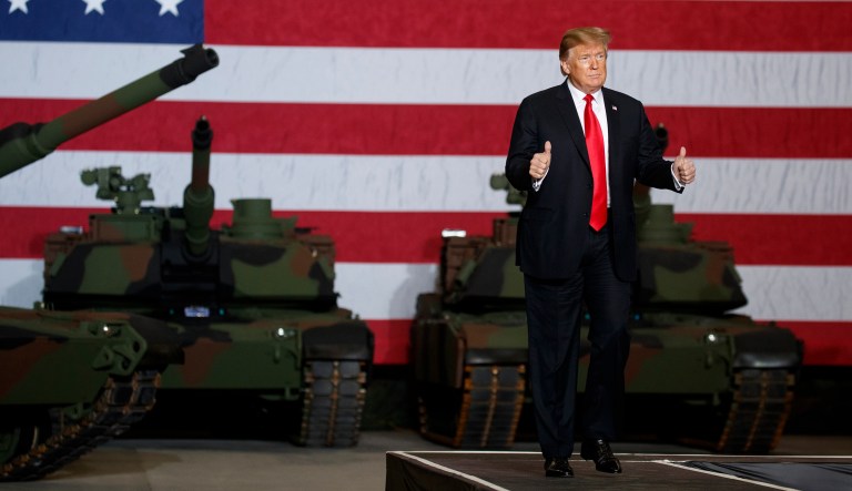President Donald Trump arrives to deliver remarks at the Lima Army Tank Plant, Wednesday, March 20, 2019, in Lima, Ohio.