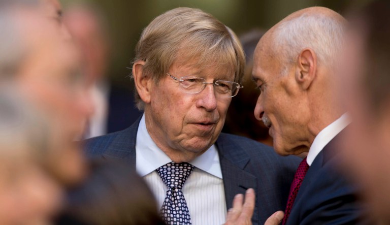 Former United States Solicitor General Ted Olson, center, speaks with former Homeland Security Secretary Michael Chertoff, right, before an installation ceremony for FBI Director Chris Wray at the FBI Building, Thursday, Sept. 28, 2017, in Washington.