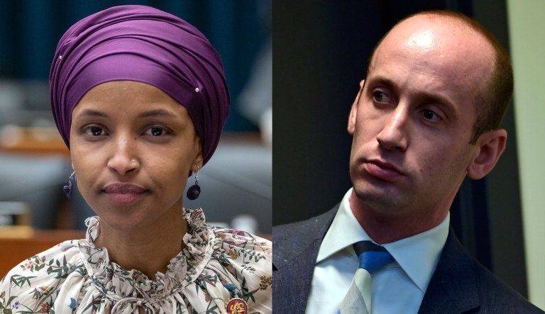 Pictured are Ilhan Omar, left, and Stephen Miller, right.