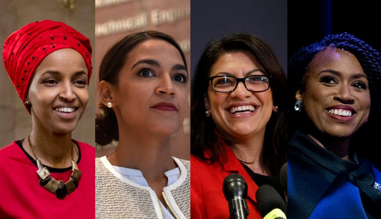 From left to right, Democratic Reps. Ilhan Omar, Alexandria Ocasio-Cortez, Rashida Tlaib, and Ayanna Pressley are pictured.