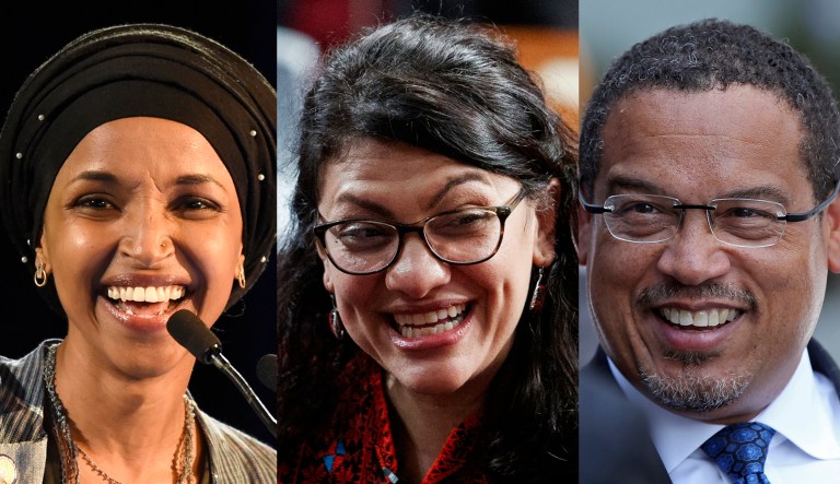 Reps. Rashida Tlaib (center) and Ilhan Omar (left) are pictured, as well as Minnesota Attorney General Keith Ellison (right).