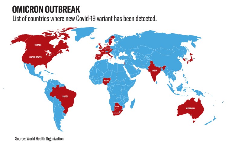 Map of countries that have identified omicron variant of COVID-19 within their borders