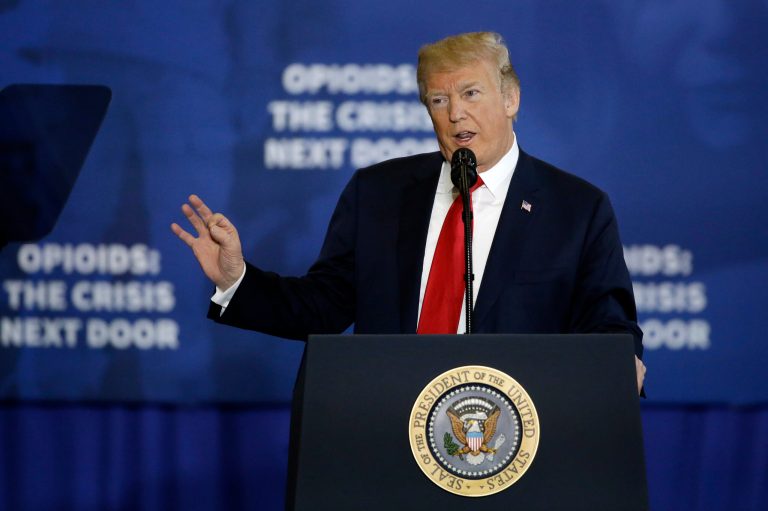 President Donald Trump speaks about his plan to combat opioid drug addiction at Manchester Community College, Monday, March 19, 2018, in Manchester, N.H.