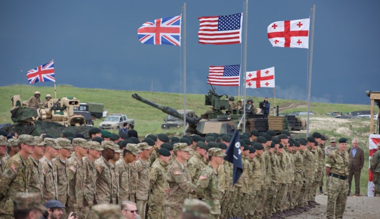 U.S., United Kingdom and Georgian Soldiers stand in formation at Vaziani Training Area, Georgia. The exercise welcomed senior leaders from across NATO Allied and partner nations as the exercise begin wrapping. 