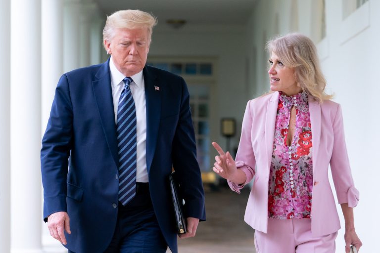 President Donald J. Trump walks with counselor to the president Kellyanne Conway Thursday, April 30, 2020, along the Colonnade of the White House.