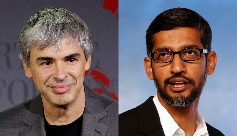 Alphabet CEO Larry Page (left) and Google CEO Sundar Pichai (right) are pictured.
