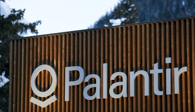 A logo for Palantir Technologies Inc. sits on a pop-up office ahead of the World Economic Forum (WEF) in Davos, Switzerland, on Monday, Jan. 21, 2019.