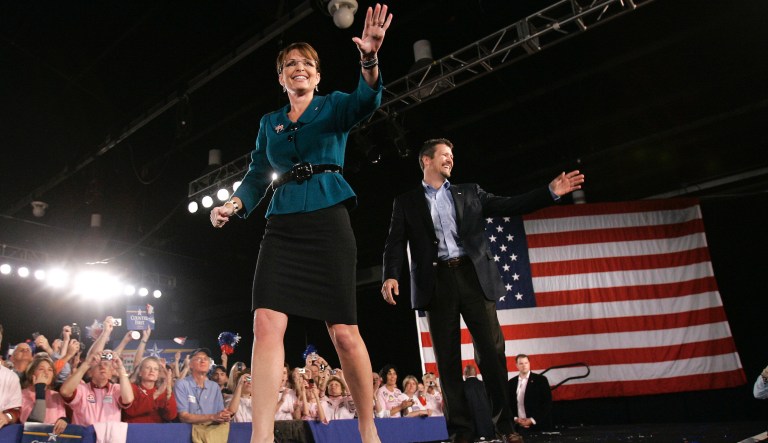 Republican vice presidential candidate, Alaska Gov. Sarah Palin, and husband Todd greet supporters in Raleigh, N.C., Saturday, Nov. 1, 2008. 