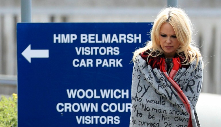 Actress Pamela Anderson leaves Belmarsh Prison in south-east London, after visiting WikiLeaks founder Julian Assange, Tuesday May 7, 2019.