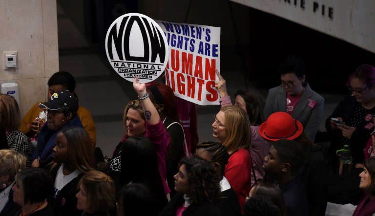 Opponents of SB 404 gather for a press conference at the 4th floor Rotunda at the Capitol on Wednesday, Jan. 22, 2020 in Tallahassee, Fla. The bill, SB 404, which adds a requirement that doctors must have consent from a parent or guardian before an abortion is performed on a minor, passed 9-7 along party lines in the Senate Judiciary Committee Wednesday.