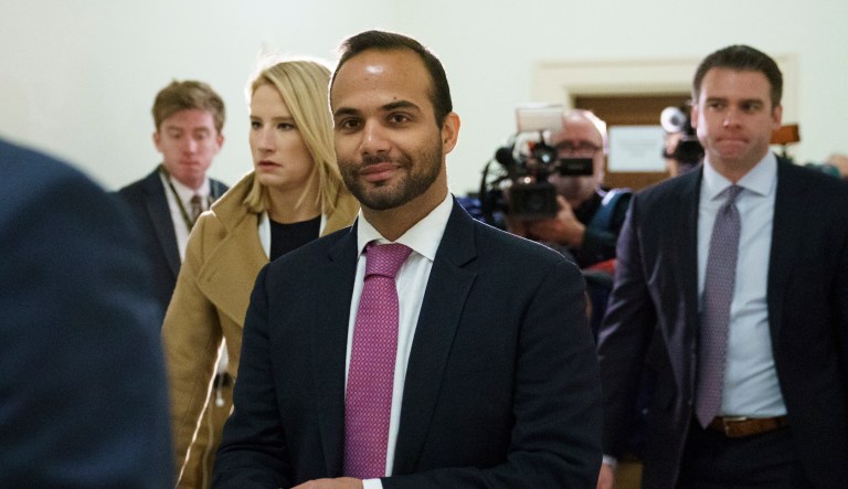 FILE - In this Oct. 25, 2018, file photo, George Papadopoulos, the former Trump campaign adviser who triggered the Russia investigation, arrives for his first appearance before congressional investigators, on Capitol Hill in Washington. Paperwork was filed Tuesday, Oct. 29, 2019 for Papadopoulos to run for the Congressional seat being vacated by Democrat Katie Hill who is resigning amid an ethics investigation. 
