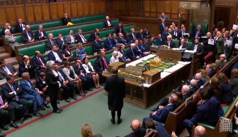 In this image made from video, British lawmakers stage a protest in the House of Commons before prorogation of Parliament, in London, Tuesday Sept. 10, 2019. The British government has formally suspended Parliament, sending lawmakers home for five weeks amid a Brexit crisis.