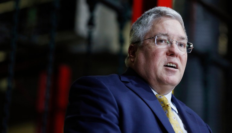 Attorney General Patrick Morrisey, Republican U.S. Senate candidate from West Virginia, speaks during a campaign event in Huntington, West Virginia, U.S., on Thursday, May 3, 2018. Morrisey sent his GOP primary opponent, Representative Evan Jenkins, a cease and desist letter regarding supposedly "false and defamatory information in his TV ads," according to the Washington Examiner.
