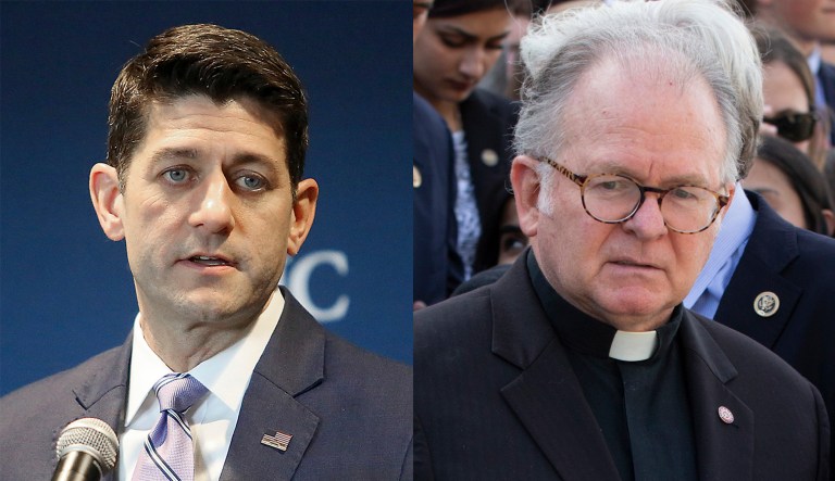 House Speaker Paul Ryan and Rev. Patrick Conroy, chaplain of the House of Representatives.