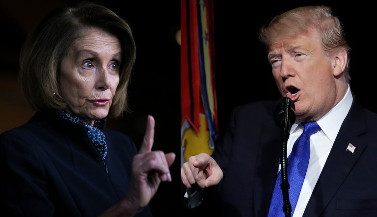 House Speaker Nancy Pelosi and President Trump gesture.