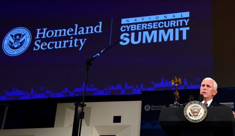 Vice President Mike Pence speaks at the Department of Homeland Security National Cybersecurity Summit in New York on July 31, 2018.