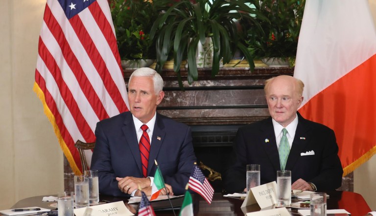 US Vice President Mike Pence, left, and US Ambassador to Ireland Edward Crawford hold a meeting at the ambassador's residence in Phoenix park, Dublin, Ireland, Tuesday, Sept. 3, 2019. The Vice President is currently in Ireland for a two day visit.