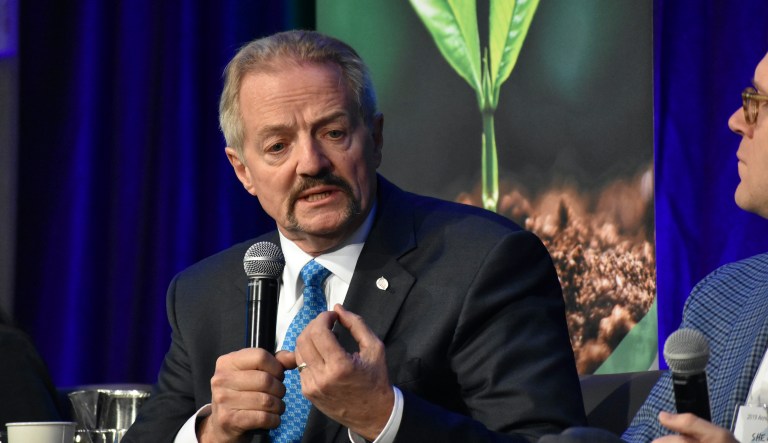 In this Oct. 11, 2019 photo, U.S. Bureau of Land Management Acting Director William "Perry" Pendley speaks at a conference for journalists in Fort Collins, Colorado.