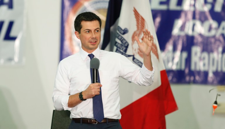 Democratic presidential candidate South Bend, Ind., Mayor Pete Buttigieg speaks during a fund-raising fish fry for U.S. Rep. Abby Finkenauer, D-Iowa, Saturday, Nov. 2, 2019, at Hawkeye Downs Expo Center in Cedar Rapids, Iowa.