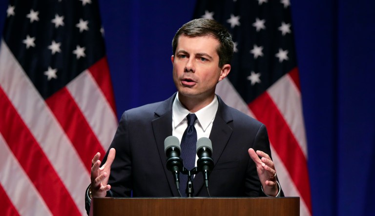 Democratic presidential candidate Mayor Pete Buttigieg delivers remarks on foreign policy and national security during a speech at the Indiana University Auditorium in Bloomington, Ind., Tuesday, June 11, 2019.