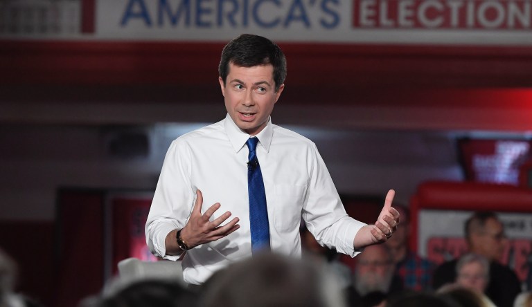 Democratic presidential candidate South Bend, Ind., Mayor Pete Buttigieg speaks speaks during a FOX News Channel town hall, Sunday, May 19, 2019, in Claremont, N.H. 