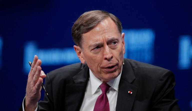 In this Monday, April 30, 2018 photo, former CIA director retired Gen. David PetraeusÂ speaks during a discussion at the Milken Institute Global Conference in Beverly Hills, California. 