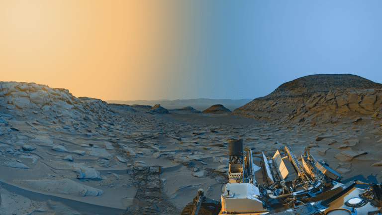 NASA's Curiosity Mars rover used its black-and-white navigation cameras to capture panoramas at two times of day on April 8, 2023.