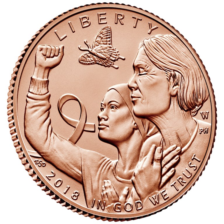 The new pink coin minted by the US government in honor of breast cancer awareness.