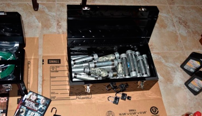 In this Oct. 4, 2019 photo made available by the Hillsborough County Sheriff's Office, shows pipe bomb making material confiscated at the home of Michelle Louise Kolts in Wimauma, Fla. Authorities say Kolts made a dozen pipe bombs with the intent to hurt people. She is charged with 24 counts of making a destructive device with the intent to do bodily harm or property damage.