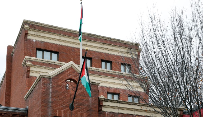 FILE - This Nov. 18, 2017 file photo shows the Washington office of the Palestine Liberation Organization.