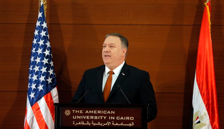 U.S. Secretary of State Mike Pompeo, gives a speech at the American University in Cairo, Egypt, Thursday, Jan. 10, 2019. Pompeo delivered a scathing rebuke of the Obama administration's Mideast policies as he denounced the former president for misguided and wishful thinking that diminished America's role in the region, harmed its longtime friends and emboldened its main foe: Iran.