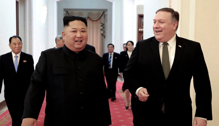 In this Oct. 7, 2018, file photo provided by the North Korean government, North Korean leader Kim Jong Un, center left, and U.S. Secretary of State Mike Pompeo walk together before their meeting in Pyongyang, North Korea.