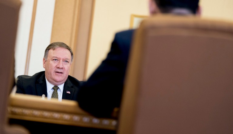 Secretary of State Mike Pompeo speaks to Kim Yong Chol, a North Korean senior ruling party official and former intelligence chief, for a second day of talks in North Korea on July 7, 2018.