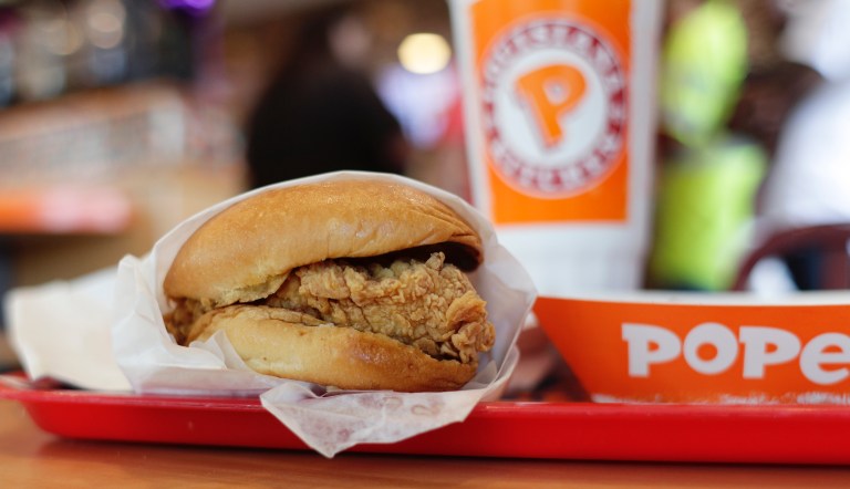 A chicken sandwich is seen at a Popeyes, Thursday, Aug. 22, 2019, in Kyle, Texas.