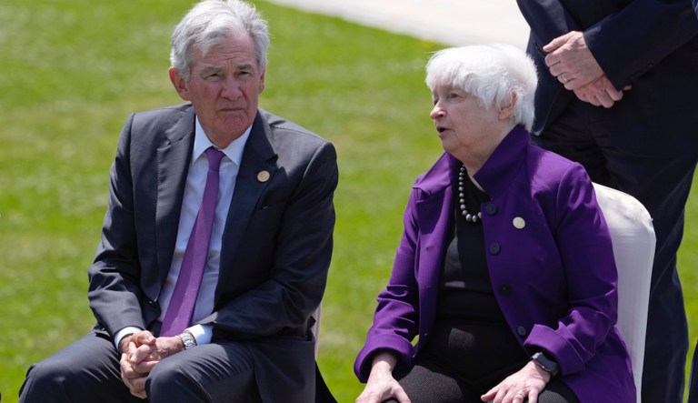 U.S. Treasury Secretary Janet Yellen, right, and Federal Reserve Chairman Jerome Powell wait for a group photo session of the G7 meeting of finance ministers and central bank governors, in Niigata, Japan, Friday, May 12, 2023. The FSOC announced new regulations related to nonbanks.