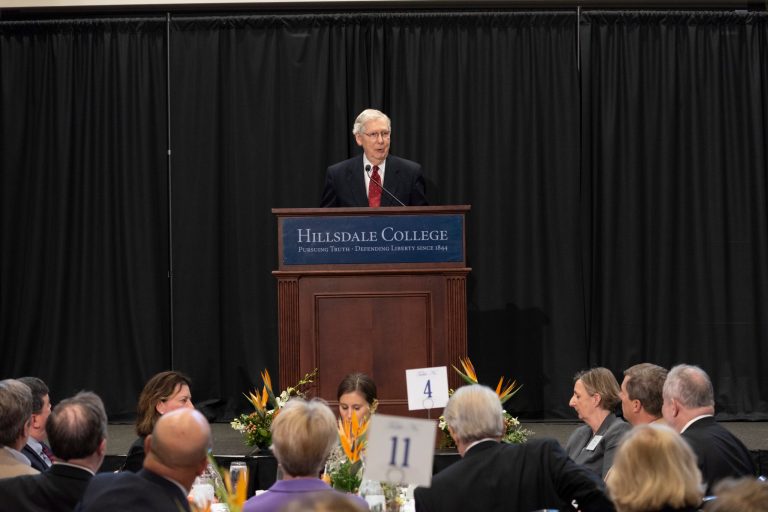 Senate Majority Leader Mitch McConnell defended the Constitution, First Amendment and Middle America against attacks from coastal liberals in an address to Michigan's Hillsdale College Monday night.