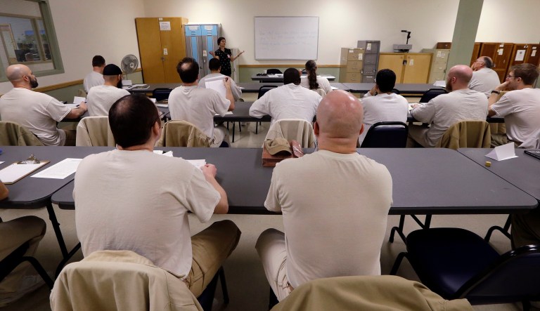 n this photo taken Thursday, Jan. 28, 2016, inmates look on in their college world history class at the Monroe Correctional Complex in Monroe, Wash.