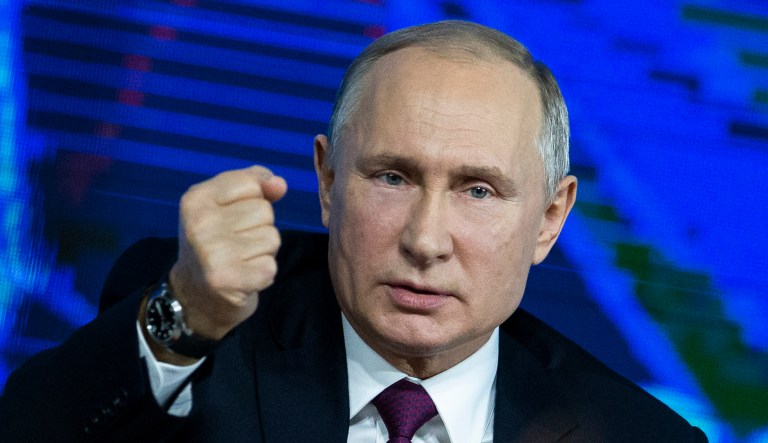 Russian President Vladimir Putin gestures during his annual news conference in Moscow, Russia, Thursday, Dec. 20, 2018. Putin issued a chilling warning Thursday about the rising threat of a nuclear war, saying "it could lead to the destruction of civilization as a whole and maybe even our planet" â and putting the blame squarely on the U.S.
