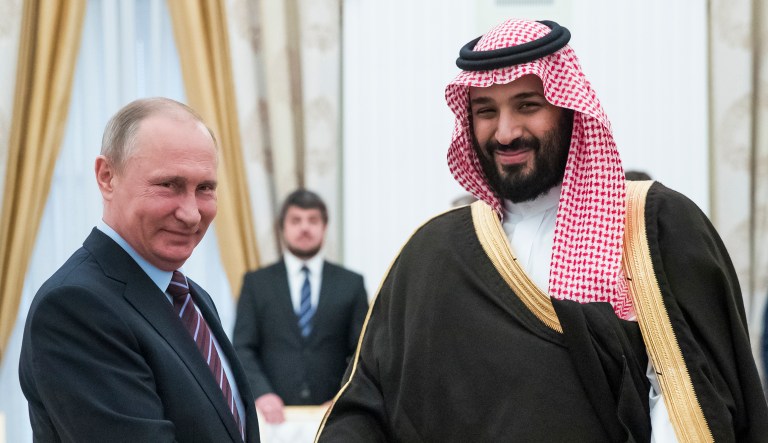 Russian President Vladimir Putin, left, shakes hands with Saudi Deputy Crown Prince and Defense Minister Mohammed bin Salman in Moscow's Kremlin, Russia, Tuesday, May 30, 2017.