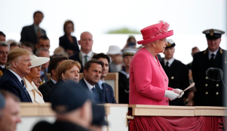Queen Elizabeth II speaks during an event to mark the 75th anniversary of D-Day in Portsmouth, England Wednesday, June 5, 2019. World leaders are gathering on the south coast of England to mark the 75th anniversary of the D-Day landings.