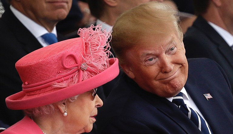 Queen Elizabeth II speaks with President Donald Trump during an event to mark the 75th anniversary of D-Day in Portsmouth, England Wednesday, June 5, 2019. World leaders including U.S. President Donald Trump are gathering Wednesday on the south coast of England to mark the 75th anniversary of the D-Day landings.