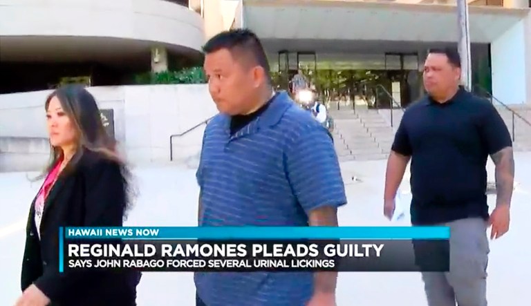 This undated photo from video provided by Hawaii News Now shows Honolulu police officer John Rabago outside federal court in Honolulu. Rabago is expected to plead guilty to a federal indictment charging him with depriving a homeless man of his civil rights by forcing him to lick a public urinal. Rabagoâs attorney, Megan Kau, said Tuesday, Nov. 19, 2019 he plans to plead guilty because he wants to accept responsibility. 