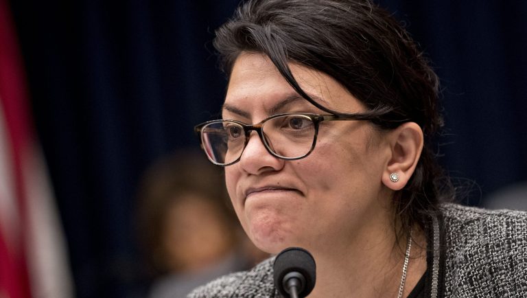 Representative Rashida Tlaib, a Democrat from Michigan, pauses while questioning Tim Sloan, president and chief executive officer of Wells Fargo & Co.