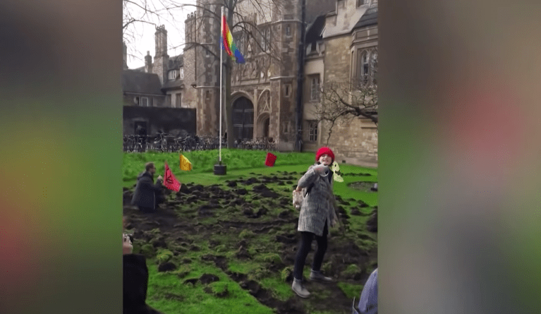 ‘Digging for oil’: Climate change activists destroy UK university lawn