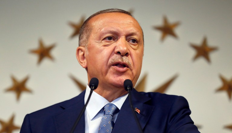 Turkey's President Recep Tayyip Erdogan delivers a statement on national television from his official residence in Istanbul, Sunday, June 24, 2018. Erdogan has claimed victory in critical elections based on unofficial results, securing an executive presidency with sweeping powers.