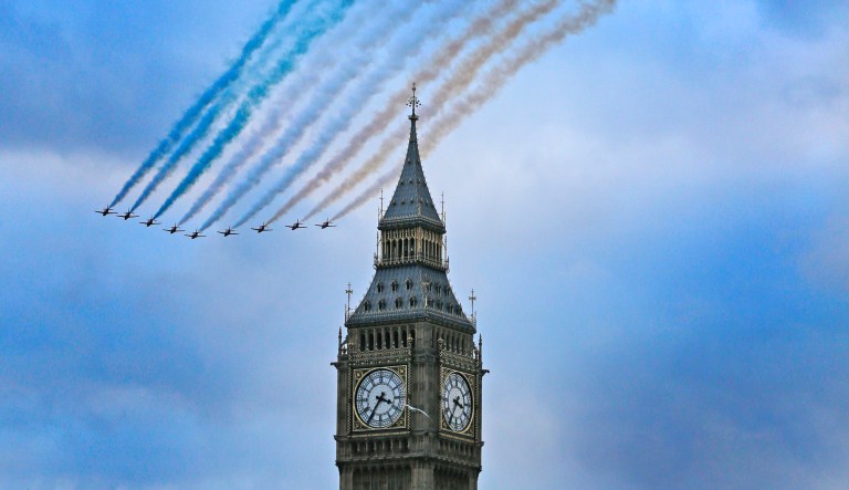 The Red Arrows perform over the London landmark Big Ben as India's Prime Minister Narendra Modi starts his three day visit to Britain in London, Thursday, Nov. 12, 2015. 