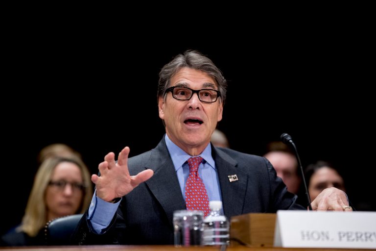 Energy Secretary Rick Perry speaks during a Senate Committee on Commerce, Science, & Transportation hearing on infrastructure on Capitol Hill in Washington, Wednesday, March 14, 2018.
